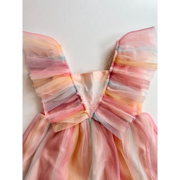 NWT Girls' H&M Pink Orange Rainbow Pleated Tulle V-Neck Babydoll Dress, Size 10 - Picture 2 of 11